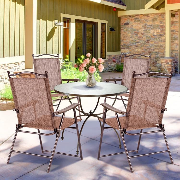 2-Pack Modern Folding Sling Back Deck Chairs in Brown Fabric with Steel Frame & Plastic Feet, 20x24x38in, for Patio Garden Backyard Camping