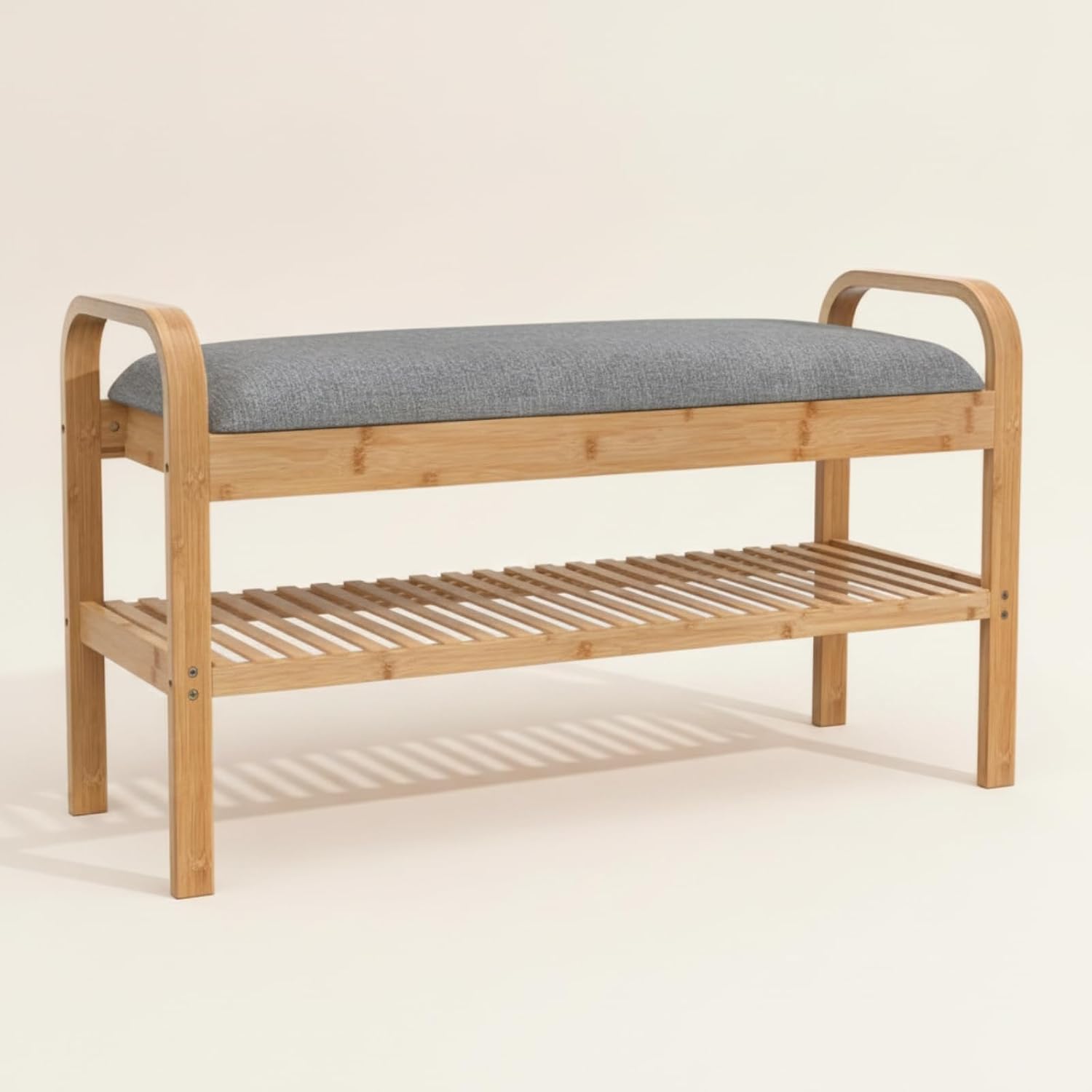 Fenteer Children Footstool Upholstered Bench with Storage and Slatted Shoe Shelf Bamboo Construction with Straight Legs Compact Design for Small Suitable for Hallway Dorm condo Kids Room