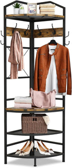 Recaceik 5-in-1 Hall Tree Entryway Bench Coat Rack with 11 Hooks and 2 Hanging Rods, Grid Panel Home Organizer Shoe Shelf for Corner, Hallway, Closet, Rustic Brown