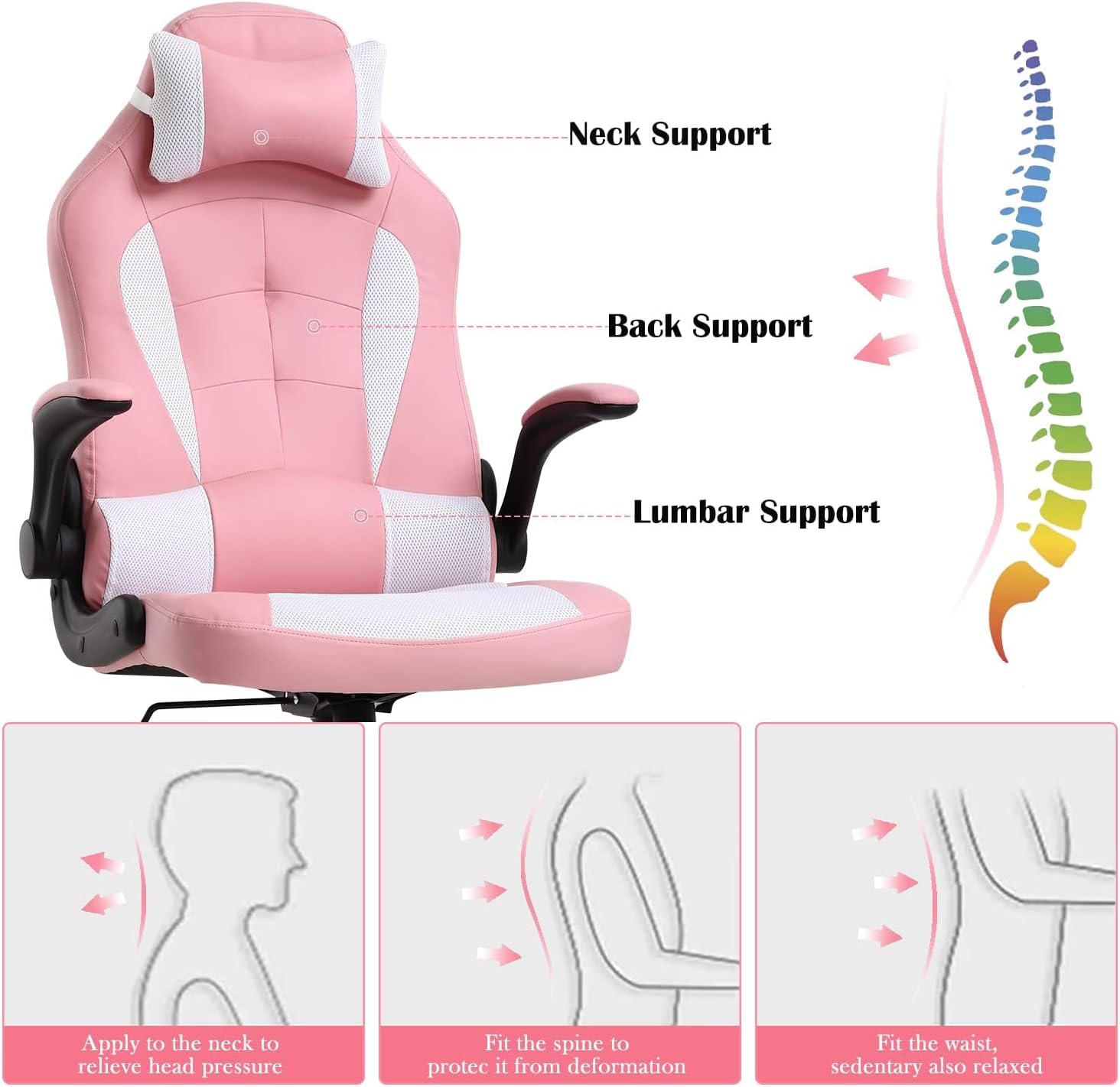 Pink Gaming Desk Chair PC Gaming Chair Gamer Chair, Comftorable Ergonomic PU Leather Computer Office Chair with Lumbar Support Flip Up Arms, High Back Executive Gaming Stuff for Girl Kids Adults