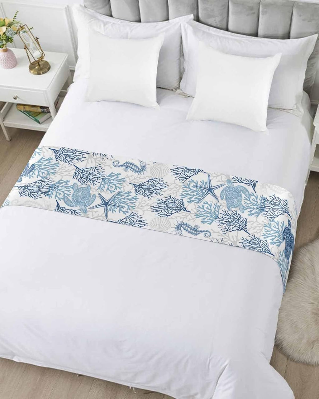 Navy Blue Grey Coastal Bed Runner for Full/Queen Bed, Bedspread Protector Slipcover Bed Scarf for Foot Bed Runners & Scarves for Bedroom Hotel Wedding Room 83x20 Sea Turtle Nautical Coral Summer Beach