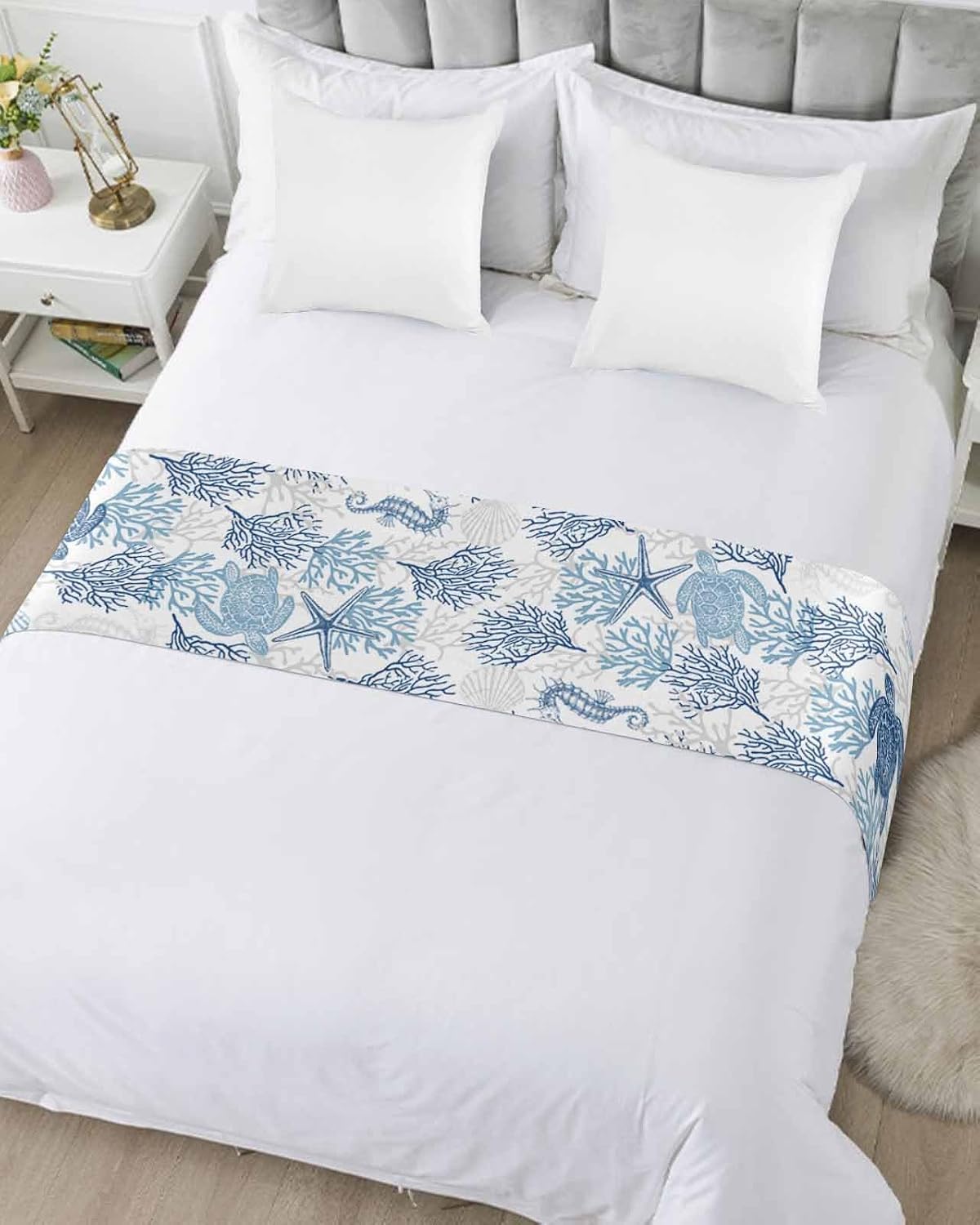 Navy Blue Grey Coastal Bed Runner for Full/Queen Bed, Bedspread Protector Slipcover Bed Scarf for Foot Bed Runners & Scarves for Bedroom Hotel Wedding Room 83x20 Sea Turtle Nautical Coral Summer Beach