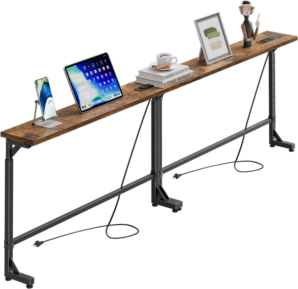 Simple Trending 78.75 Inch Narrow Console Table with 2 Charging Station, Behind Couch Table Set of 2, Sofa Table Adjustable Height, Long Entryway Tables for Living Room, Rustic Brown