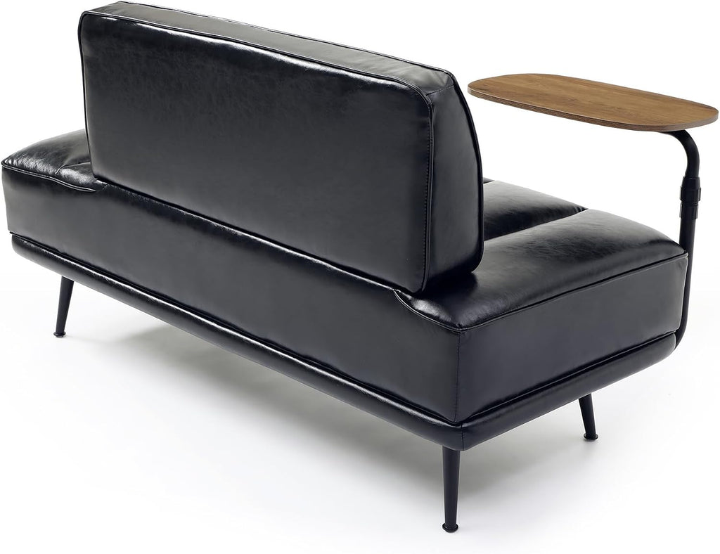 55" Modern Upholstered Bedroom Bench with Side Table - 360° Rotating Tray, PU Leather Cushion, Metal Legs for Living Room & Entryway (Black)