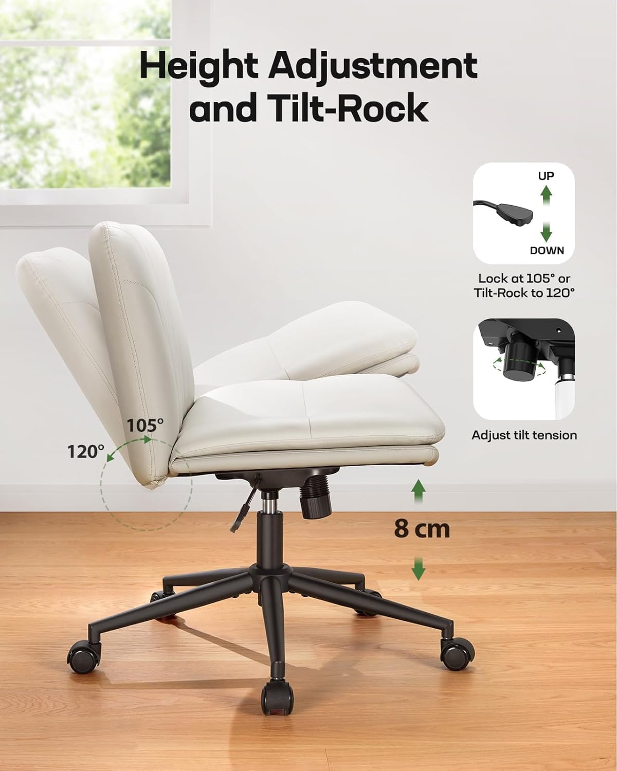 Marsail Armless-Office Desk Chair with Wheels: PU Leather Cross Legged Wide Chair,Comfortable Adjustable Swivel Task Chairs for Home,Office,Make Up,Small Space,Bed Room(Light Beige)