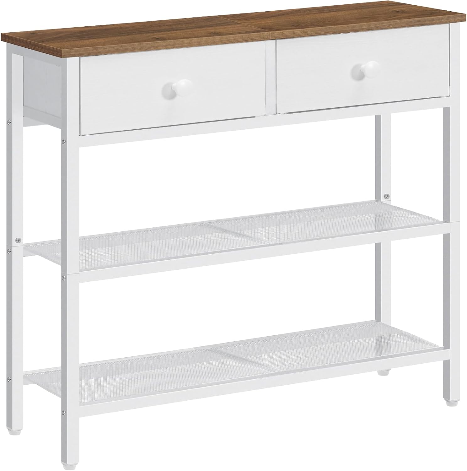 HOOBRO 29.5" Narrow Console Table with 2 Fabric Drawers, Sofa Table, Small Entryway Table with 3-Tier Storage Shelves, Behind Couch Table, for Living Room, Hallway, Walnut and White WH72XG01