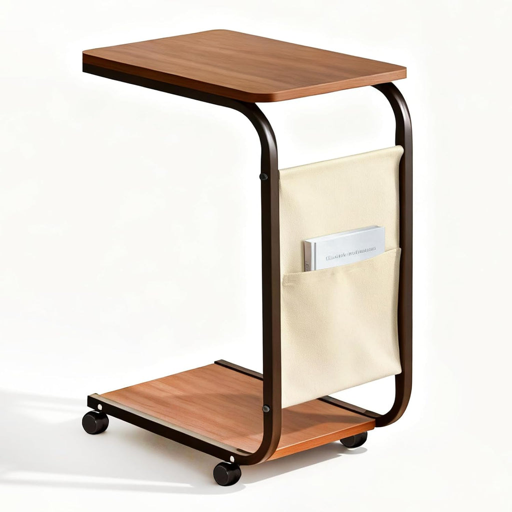 Dreamzie C Shaped End Table with Wheels, Small Side Table for Couch with Storage Bag, Couch Tables That Slide Under, TV Tray for Living Room, Bedroom, Home Office - Brown