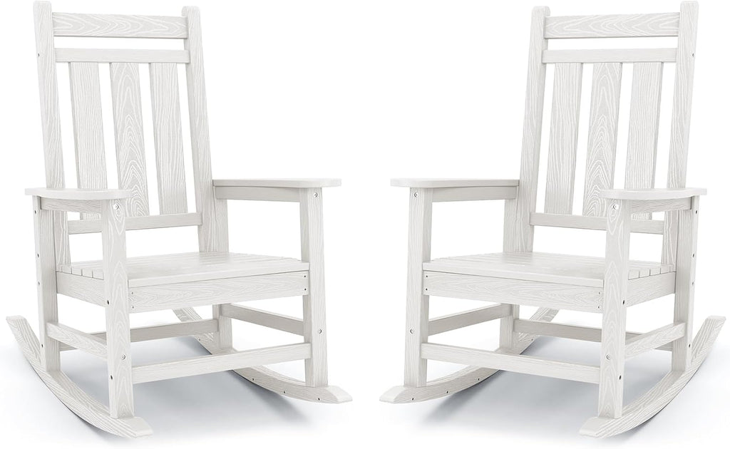 KINGYES Oversized Outdoor Rocking Chair Set of 2, All-Weather Patio Rocking Chairs for Porch, HDPE Outdoor Patio Recliner Rockers with High Back & Wide Seat for Garden, Lawn, White