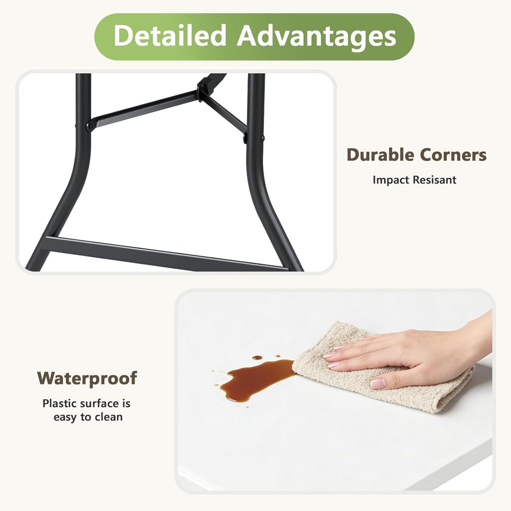 5ft Folding Table, Heavy Duty Plastic Card Table with Foldable Steel Legs, Metal Frame Support up to 500 lb, Portable for Indoor, Outdoor, Picnic, Camping, Dining, Party, White