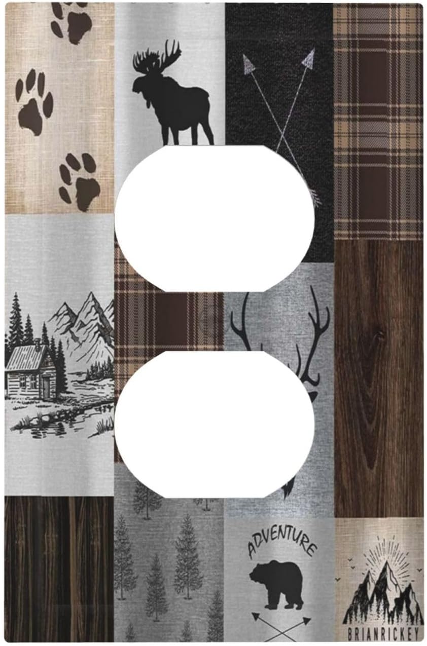 Rustic Retro Lodge Bear Deer Wild Animal Single Duplex Wall Plate Covers Light Switch Cover 1 Gang Outlet Plate Decorative Switchplate Covers Electrical Faceplate for Farmhouse Cabin Bedroom Deco