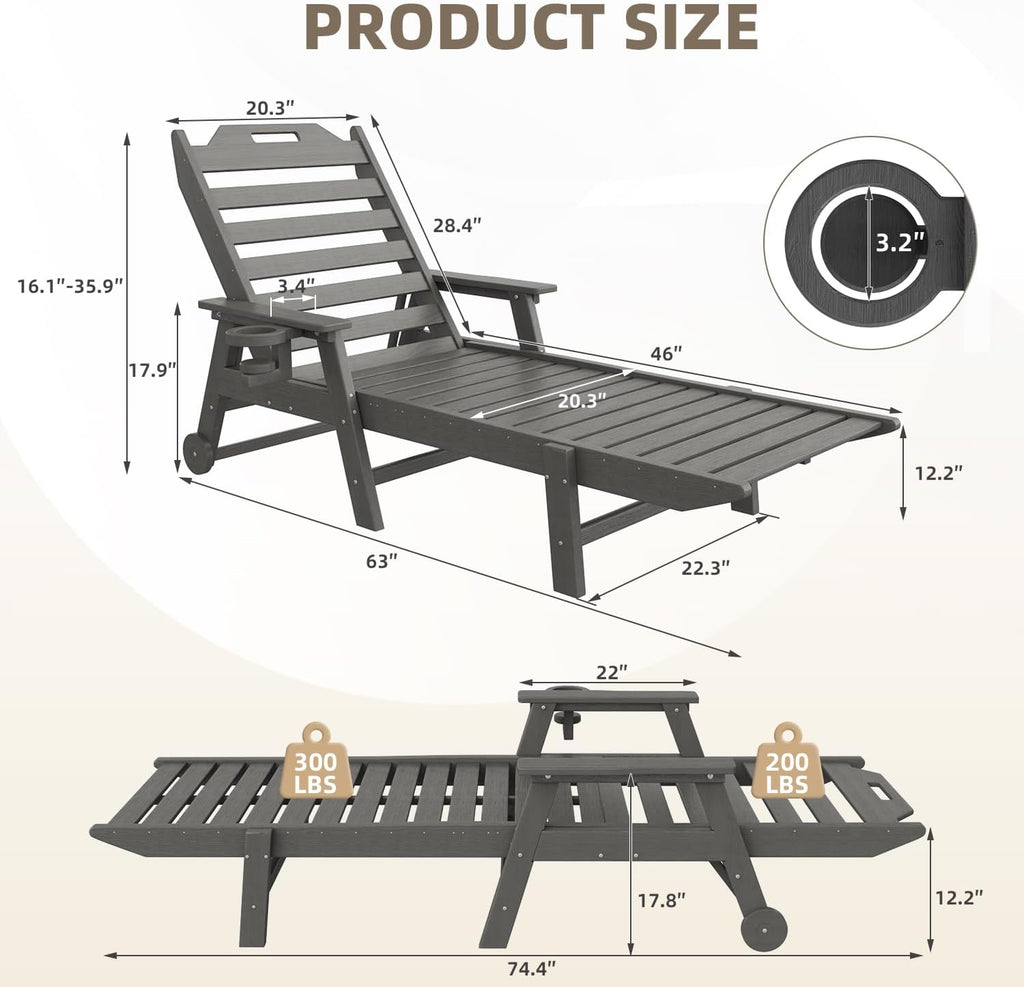 Mdeam 6-Position Pool Outdoor Lounge Chairs Set of 2, 22" W Oversized Adjustable Chaise Lounger 500LBS Capacity, HDPE Furniture Tanning Chair with Wheels & Cup Holder for Outside Patio Deck, Dark Grey