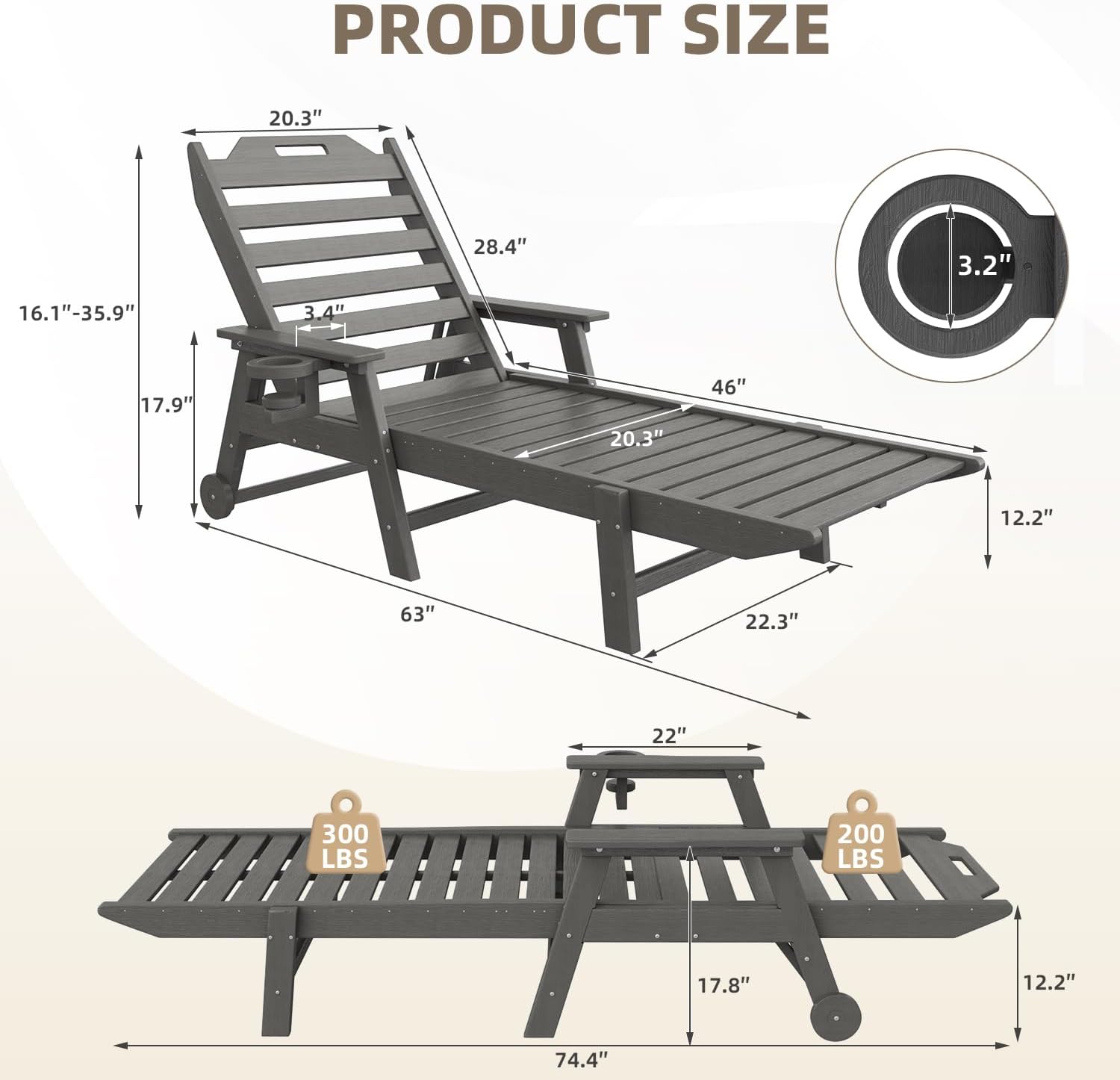 Mdeam 6-Position Pool Outdoor Lounge Chairs Set of 2, 22" W Oversized Adjustable Chaise Lounger 500LBS Capacity, HDPE Furniture Tanning Chair with Wheels & Cup Holder for Outside Patio Deck, Dark Grey
