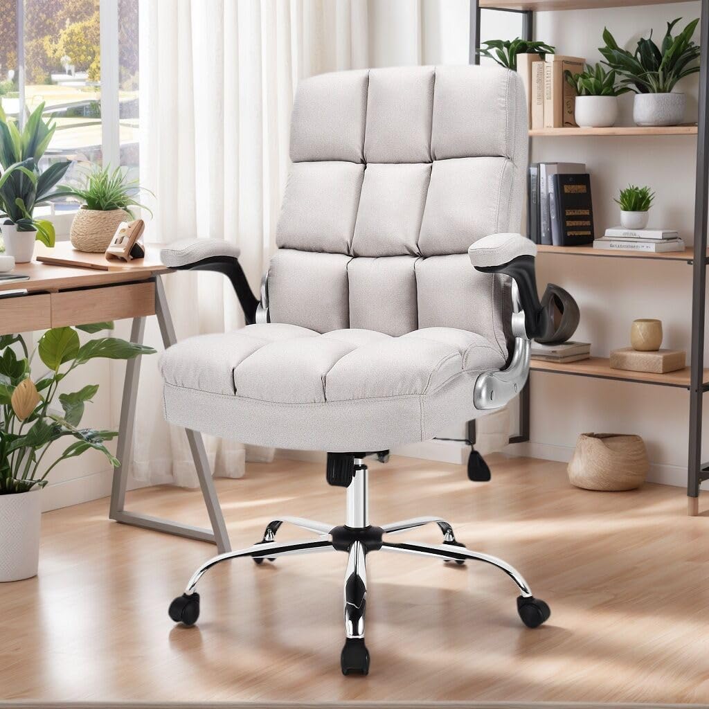 POWERSTONE Ergonomic Office Chair Big and Tall High-Back Executive Computer Desk Chair Upholstered Comfortable Home Office Chair with Flip-up Arms 400 LBS, Beige