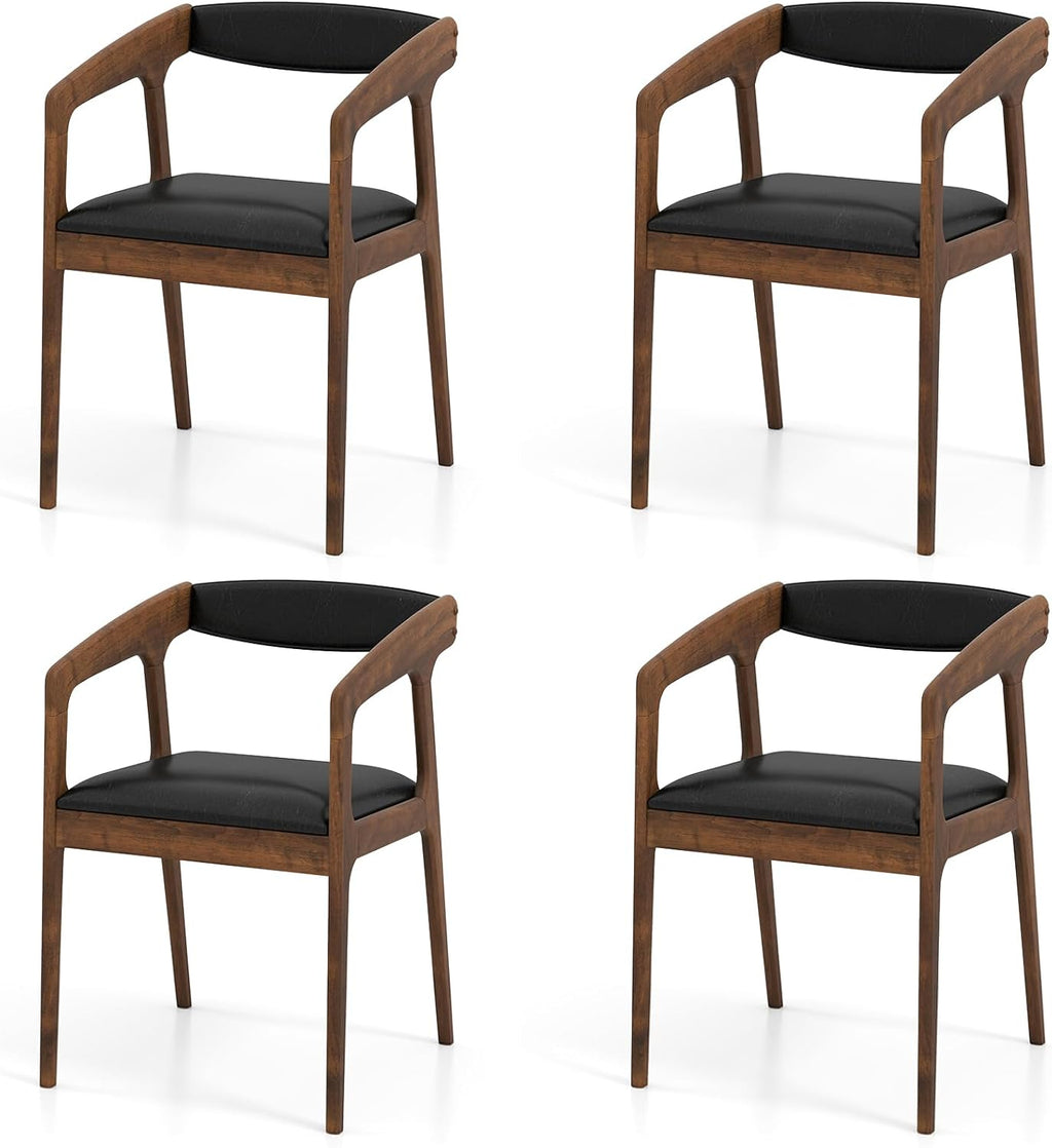 COSTWAY Dining Chairs with Arms Set of 4, Mid Century Modern Wooden Accent Chairs with Faux Leather Seat & Padded Backrest, Kitchen Side Armchairs for Living Dining Reading Room, Brown & Black