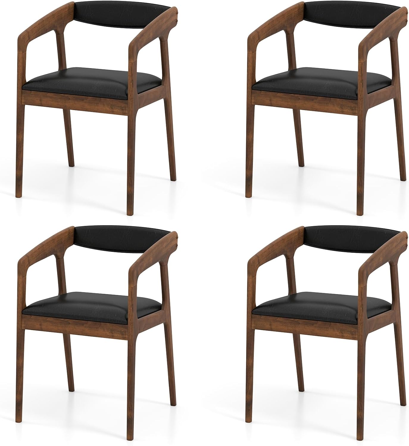 COSTWAY Dining Chairs with Arms Set of 4, Mid Century Modern Wooden Accent Chairs with Faux Leather Seat & Padded Backrest, Kitchen Side Armchairs for Living Dining Reading Room, Brown & Black