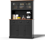 MU 71" Kitchen Pantry Cabinet with Charging Station, Tall Pantry Hutch with Drawers, Countertop & Microwave Shelf, Food Storage Cabinet for Dining Room & Coffee Bar, Black