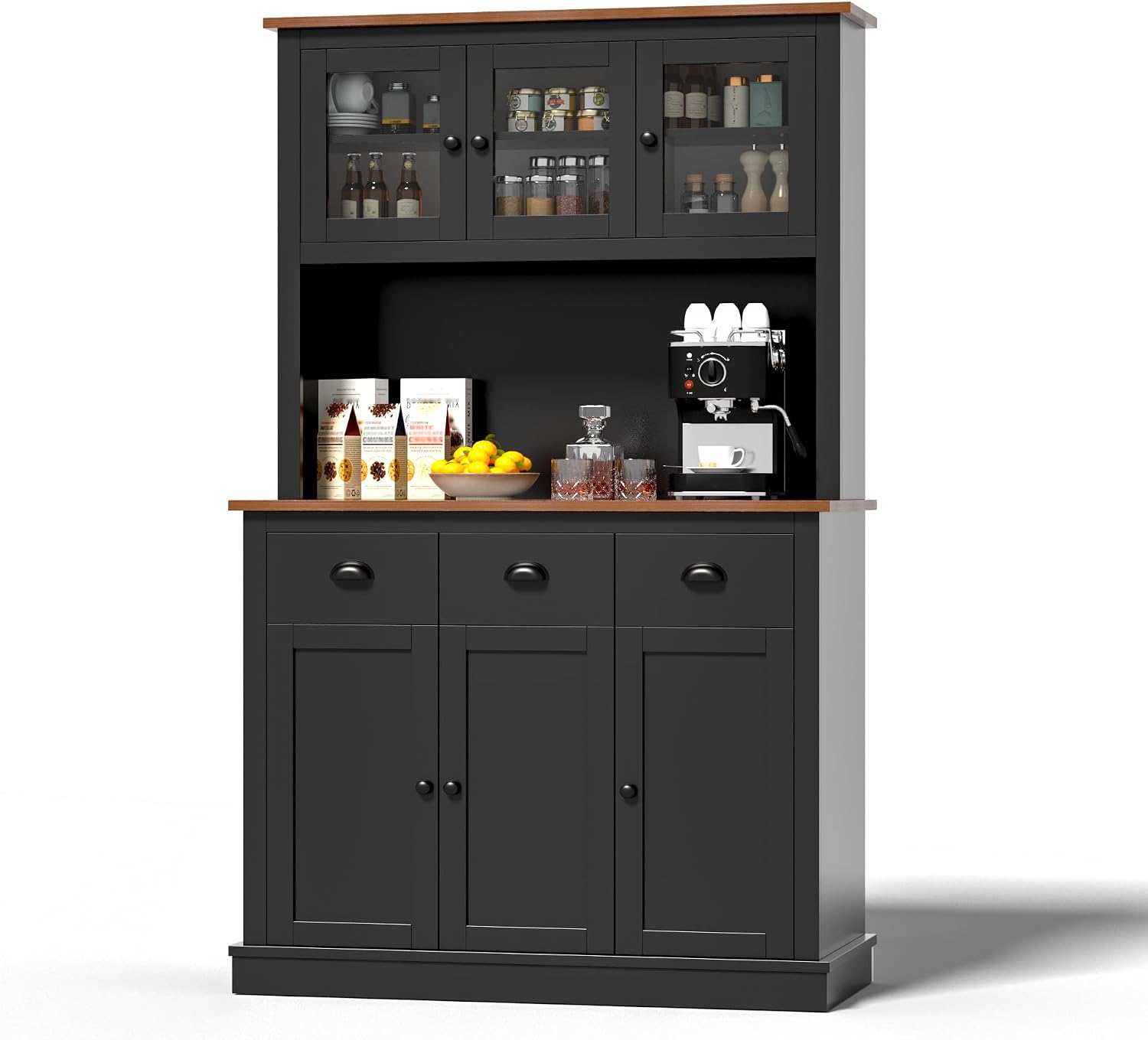MU 71" Kitchen Pantry Cabinet with Charging Station, Tall Pantry Hutch with Drawers, Countertop & Microwave Shelf, Food Storage Cabinet for Dining Room & Coffee Bar, Black