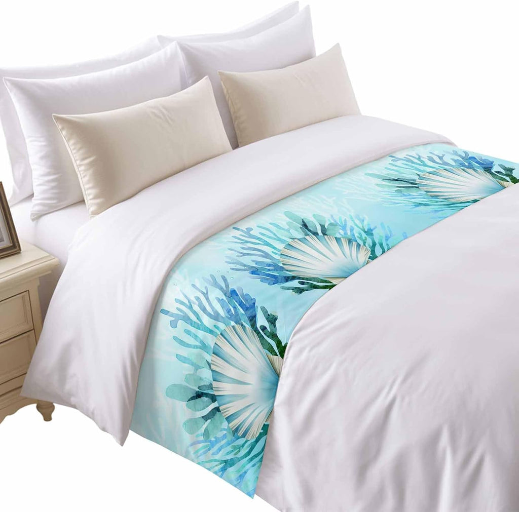 Bed Runner Scarf for King Size Bed, Teal Blue Coastal Beds Scarf Throws for Foot of Bedding, Summer Ocean Sea Shells Corals Decorative Beds Runners for Bedroom Guestroom, 94"x20"