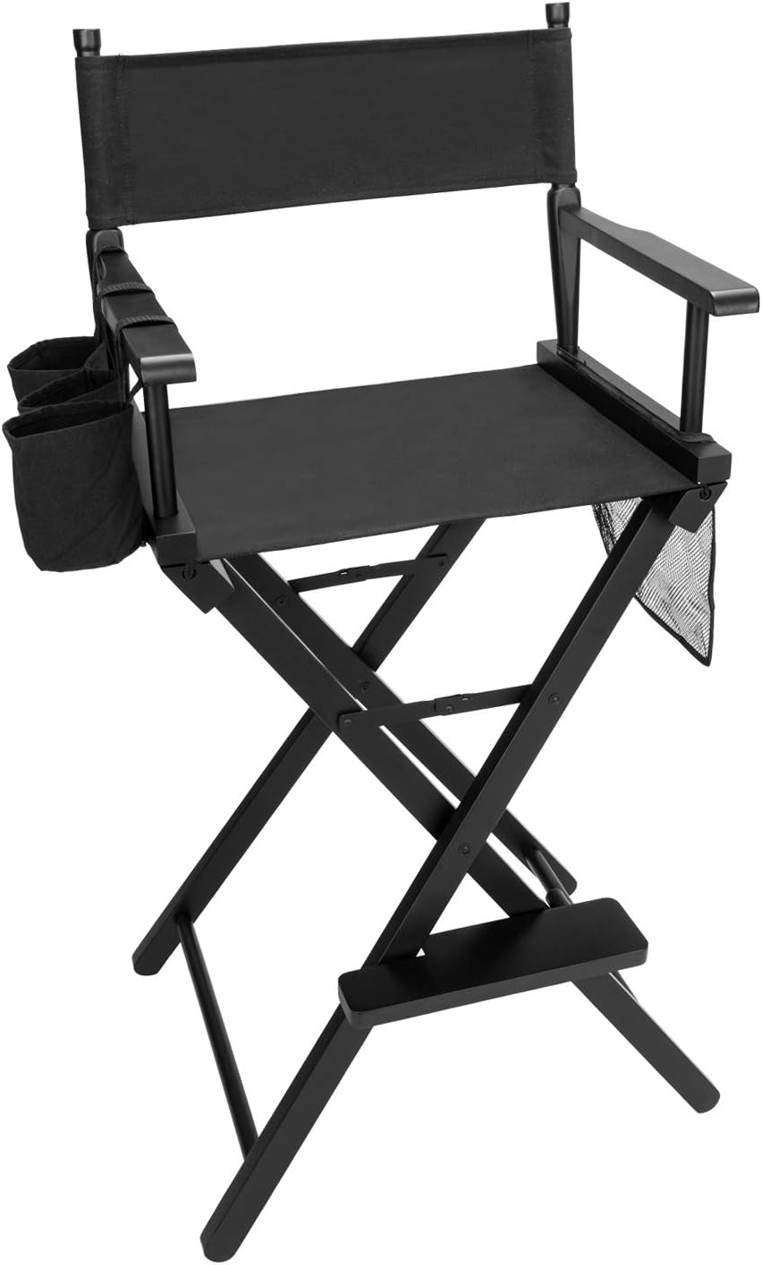 mefeir 31" Height Tall Directors Chairs, Folding Artist Makeup with Replacement Cover, Storage Side Bags, Footrest, Support 250 lbs, Solid Hardwood & Polyester Black Canvas