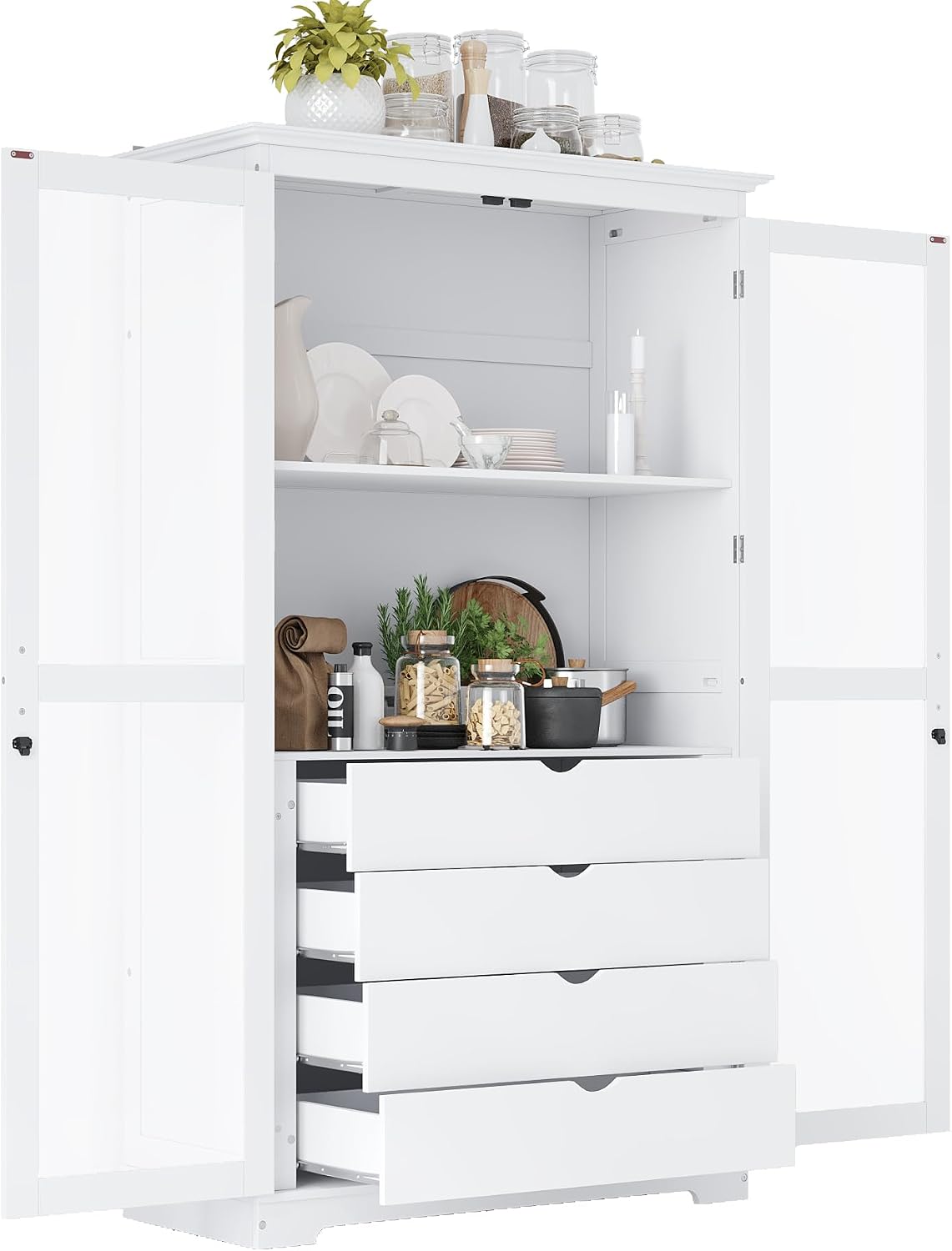 Merax 75" Tall Pantry Cabinet, Kitchen Pantry Storage Cabinets with Glass Door, 2 Shelves and 4 Built-in Drawers, Freestanding Cupboard for Kitchen, Dining Room, Living Room and Bathroom, White