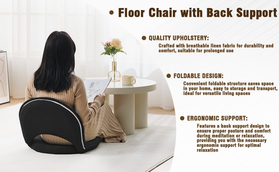 YOUKEEEJOJO Floor Chair 5-Position Adjustable Back Support Chair Foldable Camping,Video-Gaming Reading Watching, Upholstered Meditation Convenient Seat(2,Black)