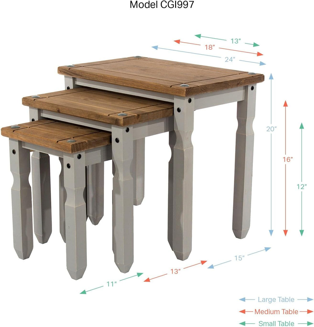 OSHOME 3-Piece Farmhouse Nesting Side Table Set – Solid Pine Wood End Tables in Corona Gray with Rustic Wood Top
