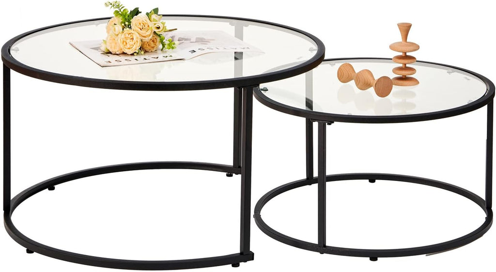 Modern Nesting Glass Coffee Table Set of 2, Round Tempered Glass Coffee Table for Living Room & Bedroom, Space-Saving Design with Adjustable Feet (Large Size + Black Frame)