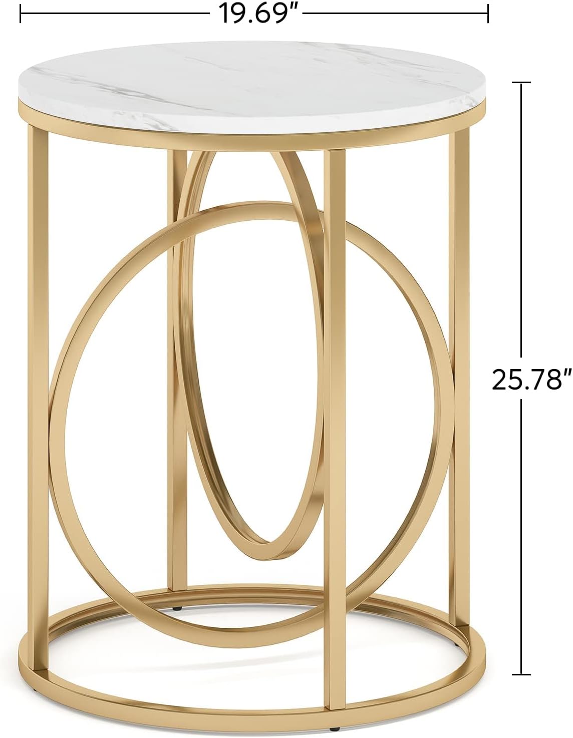 LITTLE TREE 20” Round End Table，Modern Sofa Side Table with Gold O-Shaped Base, Faux Marble White Cocktail Table Accent Table Nightstand for Living Room Bedroom, 2PCS
