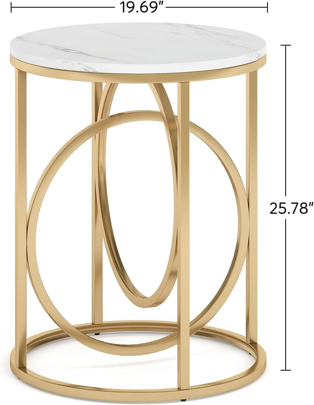 LITTLE TREE 20” Round End Table，Modern Sofa Side Table with Gold O-Shaped Base, Faux Marble White Cocktail Table Accent Table Nightstand for Living Room Bedroom, 2PCS