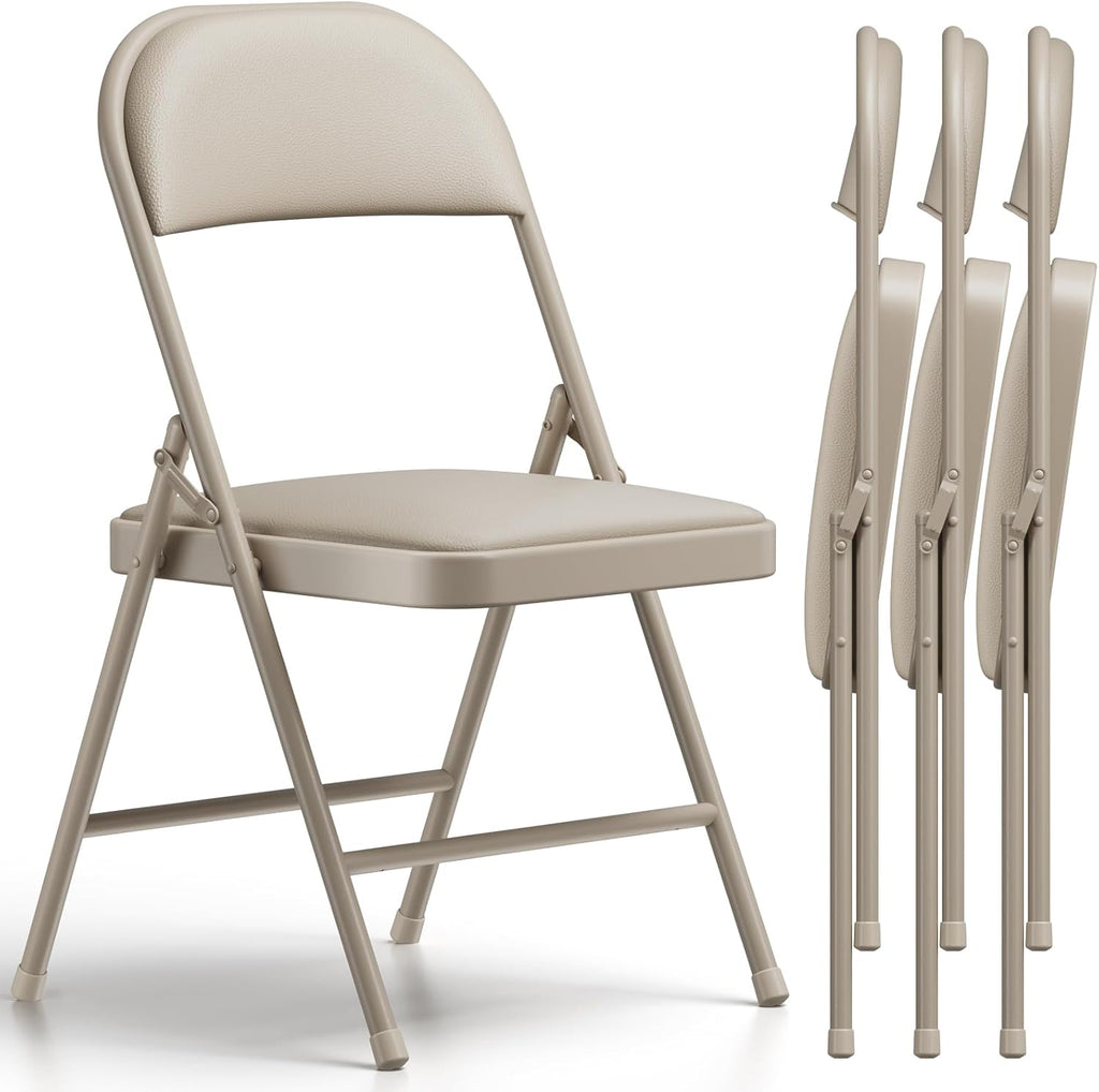 Folding Chairs 4 Pack,350 lbs Heavy Duty Metal Frame Folding Chairs with PU Leather Cushion, Ergonomic Foldable Chair with Non-Slip Feet, Portable Stackable Seating for Office Wedding Camping -Khaki