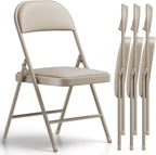 Folding Chairs 4 Pack,350 lbs Heavy Duty Metal Frame Folding Chairs with PU Leather Cushion, Ergonomic Foldable Chair with Non-Slip Feet, Portable Stackable Seating for Office Wedding Camping -Khaki