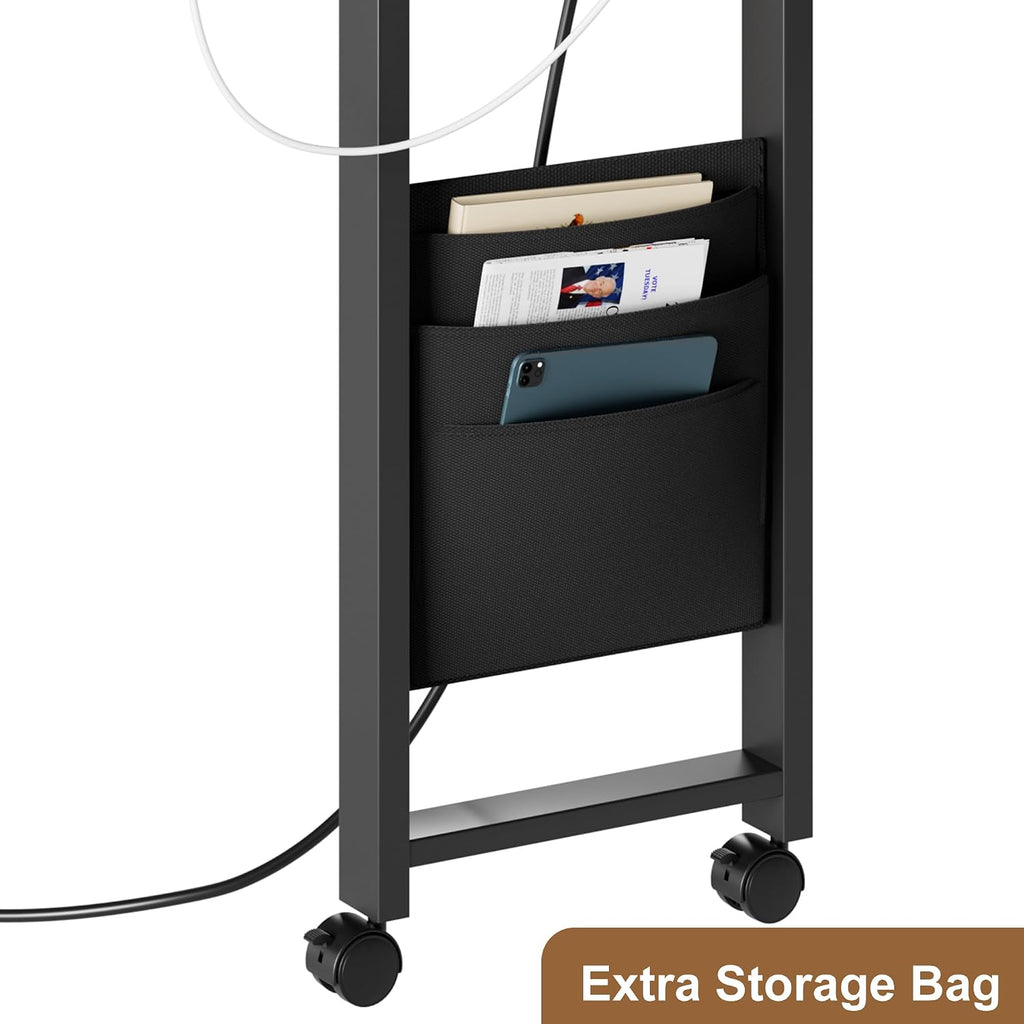 Takywep 360° Rotating End Table with Charging Station, Movable Swivel Side Table with Extra Storage Bag and Lockable Wheels, Versatile Furniture for Bedroom, Living Room, Office