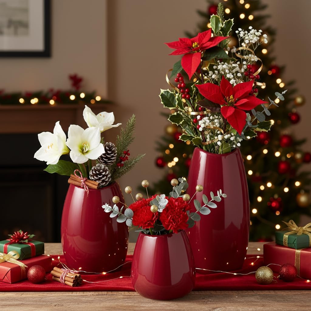 hjn Ceramic Vase Set of 3 Red Flower Vase for Home Decor, Modern Decorative Vase for Flowers Vases for Your Ideal Shelf Decor/Table/Living Room/Kitchen/Office-Red…