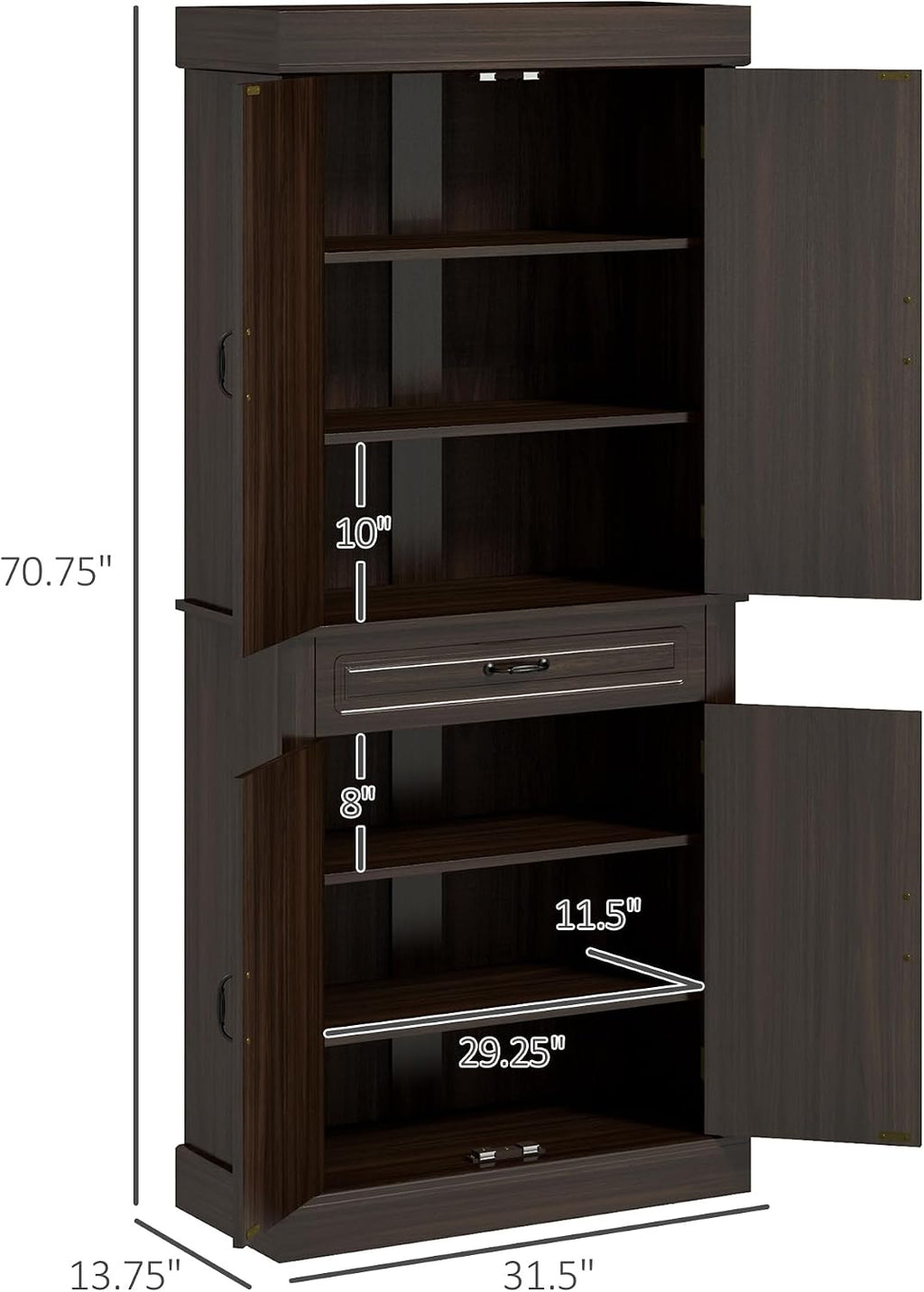 HOMCOM 71" Freestanding Kitchen Pantry Cabinet, Tall Storage Cabinet with 4 Doors and Drawer for Dining Room, Coffee