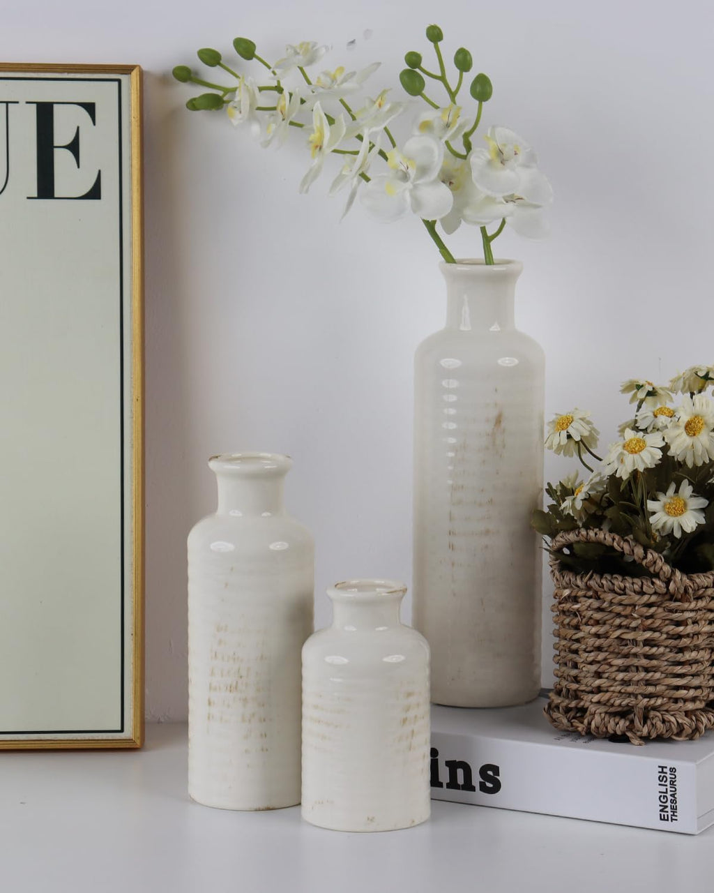 White Ceramic Vase Set of 3 – Ribbed Texture Crackle Glaze Bottle Vases for Rustic Farmhouse Table Centerpiece, Shelf & Mantel Decor