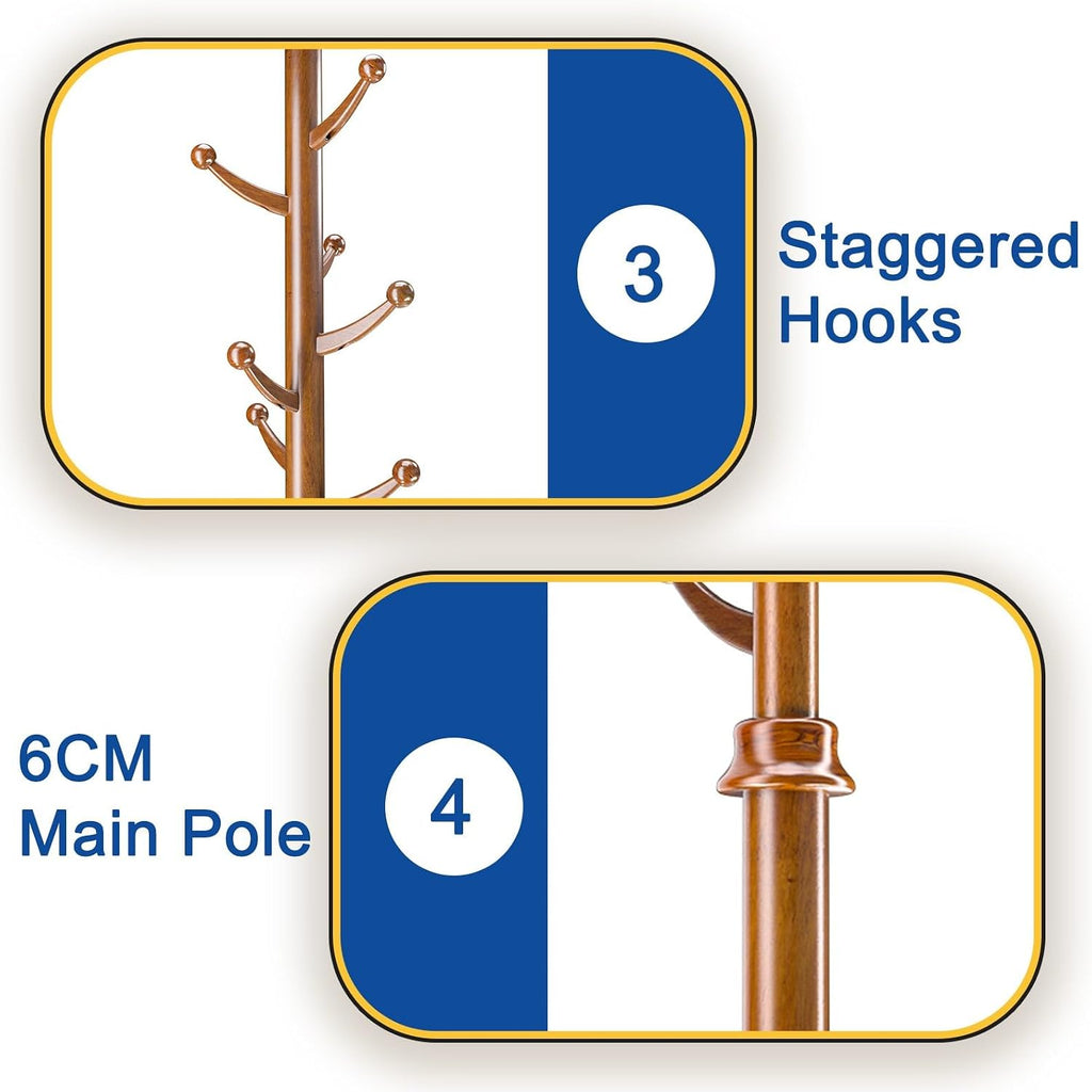 Solid Wood Coat Rack with 7 Rounded Hooks for Hanging, Tree Stand Coat Rack on Feet, Tree Shaped with 6 cm Thickened Main Pole, for Coats, Hats