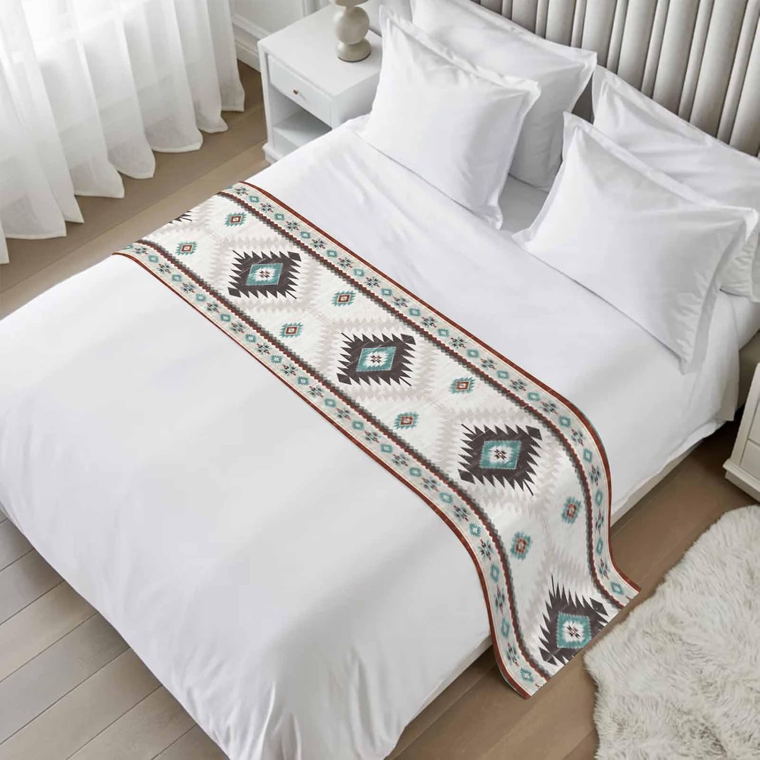 Turquoise Beige Boho Bed Runner King Size, Vintage Ethnic Tribal Southwestern Bed Scarf Protector Slipcover for Bedroom Wedding Room Hotel, Bedding Runner Throws for Foot of Beds 94"x20"