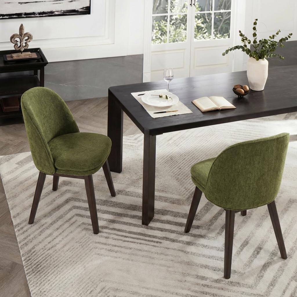 KISLOT Wooden Dining Chairs Set of 4, Fabric Upholstered Modern Dining Room Chairs with Double-Layer Thick Seat Cushion & Ergonomic Backrest for Restaurant, Kitchen and Café, Green, 2 Boxs