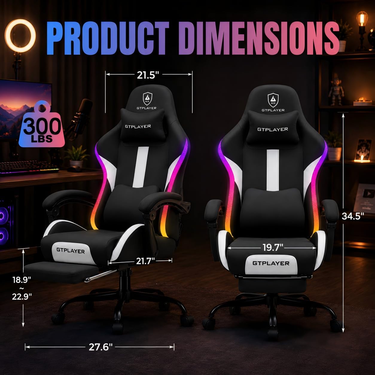GTPLAYER Fabric Gaming Chair with Footrest, LED Lights, Comfy Chair | Ergonomic Computer Chair, Linkage Armrest, Breathable Fabric for Home Office Desk, Video Game Chairs for Adults