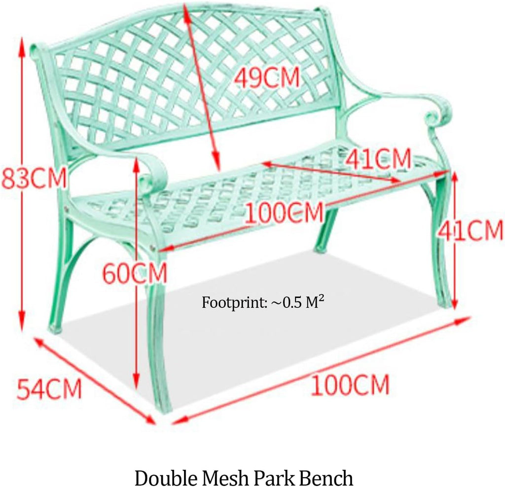 Vintage Distressed Outdoor Park Bench w/Woven Mesh Backrest, Heavy-Duty Metal Loveseat Chair with Curved Armrests, Slatted Seat, Perfect for Yard, Lawn, Balcony, Backyard(Green)