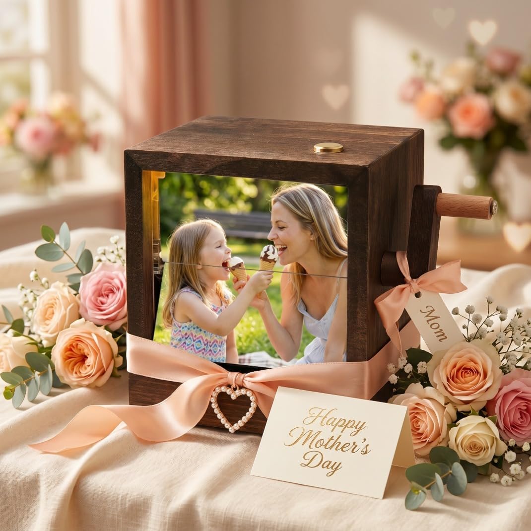 Custom Flip Photo Book, Personalized 8 or 16 Photo Flip Box Frame Animation Machine, Custom Hand-crank Flipbook Box Album with Light, Music, Gifts for Mothers Day Birthday (Walnut)