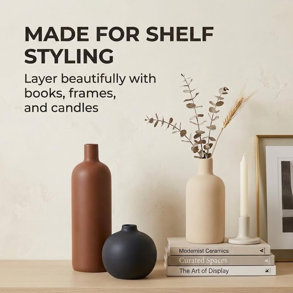 Ceramic Neutral Vase Set of 4 - Modern Decorative Flower Vases Home Decor, Rustic Farmhouse Table Decor for Living Room, Shelves, Entryway, Mantel, Boho Pottery Vases for Bouquets, Pampas, and Gifts