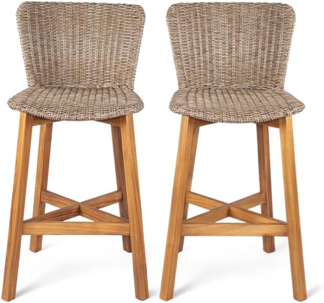 Saiveina Lymington Outdoor Bar Stool, Teak Finished Wood with Light Brown Wicker, Set of 2