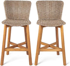 Saiveina Lymington Outdoor Bar Stool, Teak Finished Wood with Light Brown Wicker, Set of 2