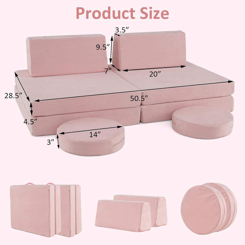 INFANS Modular Kids Play Couch, Toddler Sectional Fort Building Sofa for Playroom, Bedroom, Convertible Soft Foam Furniture Playset and Floor Cushion for Boys and Girls (Pink)