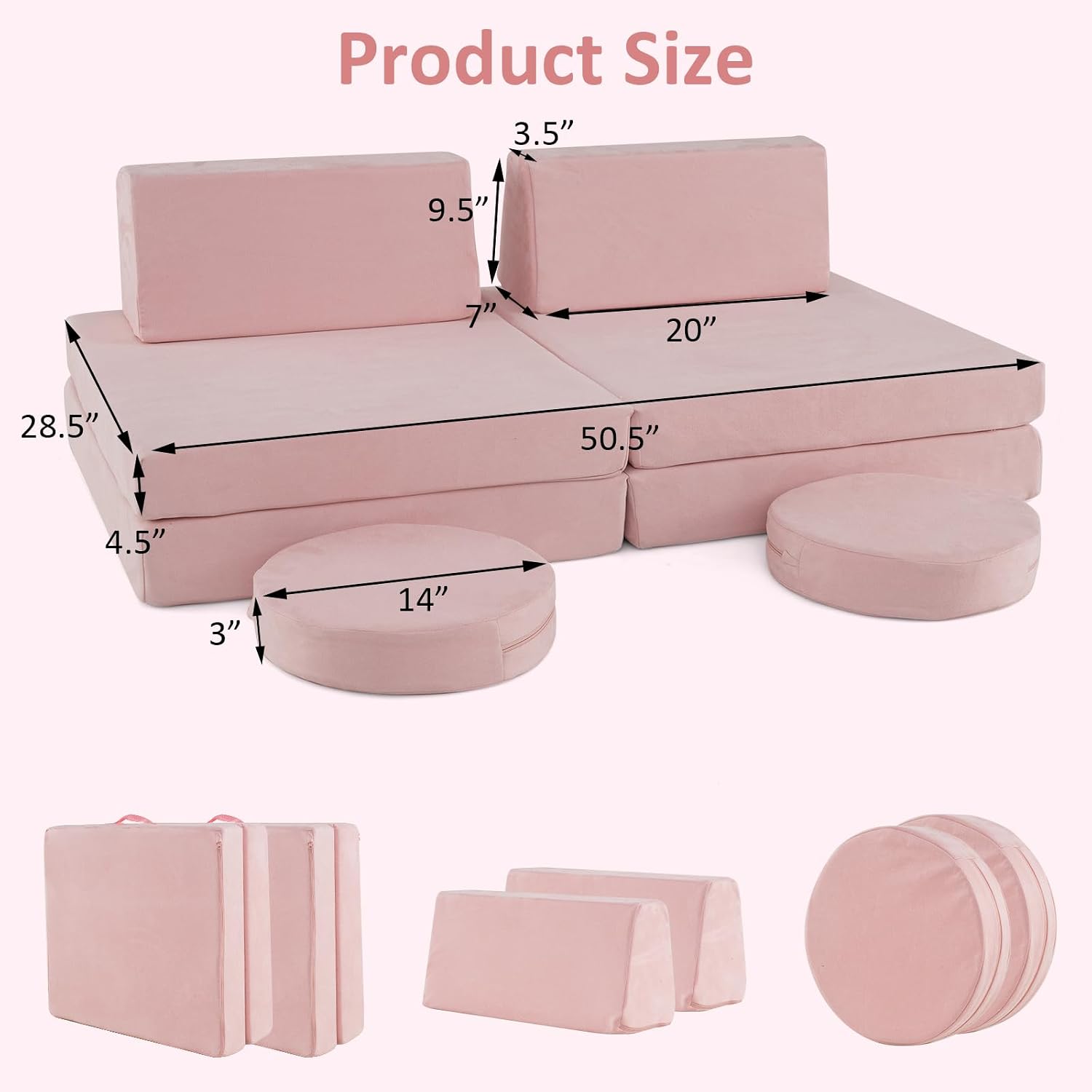 INFANS Modular Kids Play Couch, Toddler Sectional Fort Building Sofa for Playroom, Bedroom, Convertible Soft Foam Furniture Playset and Floor Cushion for Boys and Girls (Pink)