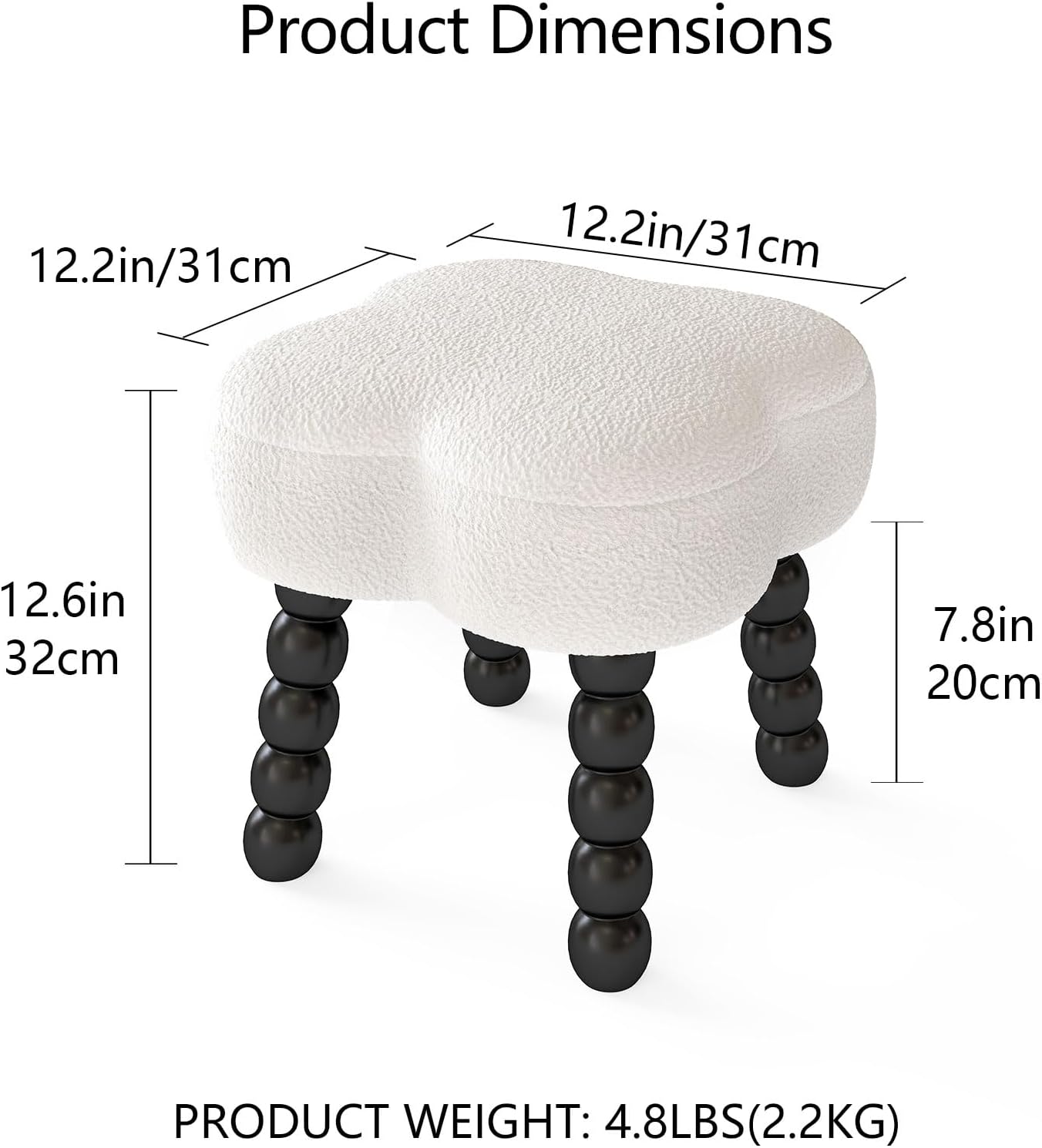 White Ottoman, Small Footrest with Storage Space, Unique Shaped Ottoman with Wood Legs，Faux Teddy Fur(Clover-White)