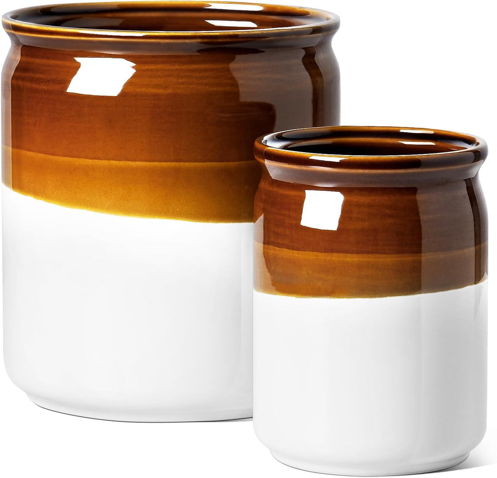 LE TAUCI Kitchen Utensil Holder for Countertop, Ceramic Utensil Crock Set of 2, Rustic Brown Holder for Spatulas, Spoons and Ladles, Large Farmhouse Kitchen Counter Decor, Brown and White, 7.2" & 5.4"