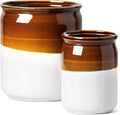 LE TAUCI Kitchen Utensil Holder for Countertop, Ceramic Utensil Crock Set of 2, Rustic Brown Holder for Spatulas, Spoons and Ladles, Large Farmhouse Kitchen Counter Decor, Brown and White, 7.2" & 5.4"