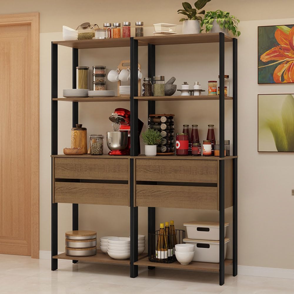 Madesa Kitchen Pantry Storage Rack with 4 Drawers and 6 Open Shelves 55" L Multiuse Modular Cabinet for Kitchen Organization - Black/Brown
